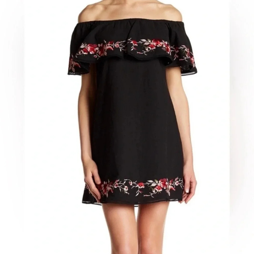 Lucy Paris Black Pink‎ & Red Floral Embroidered Off Shoulder Dress XS
